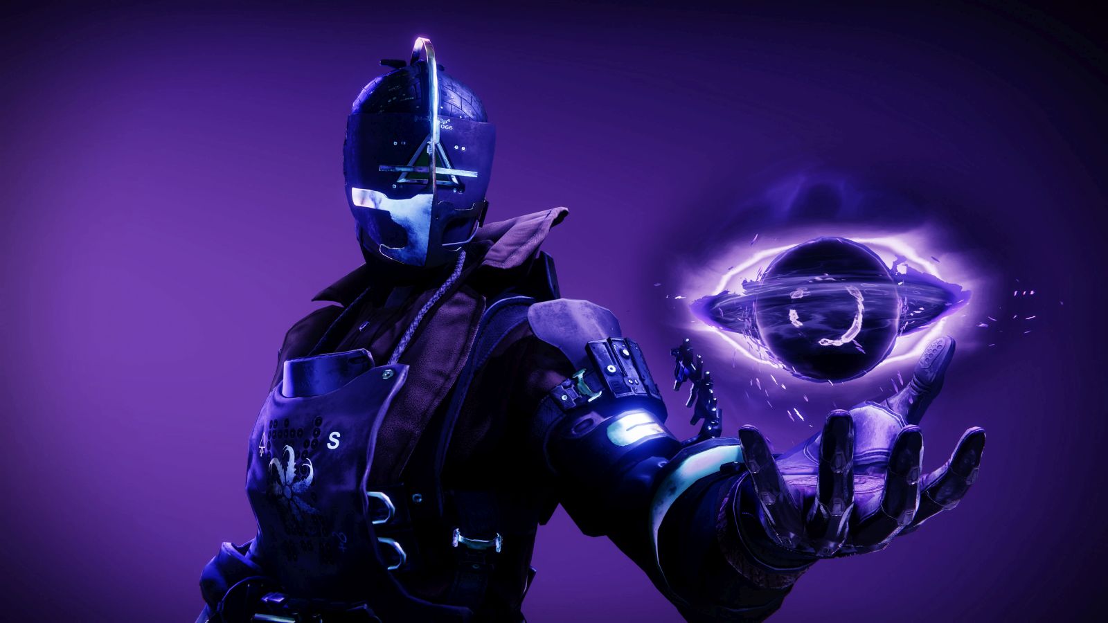 Splash screen of the Warlock Void 3.0 UI. Warlock holds a void soul in their hand.