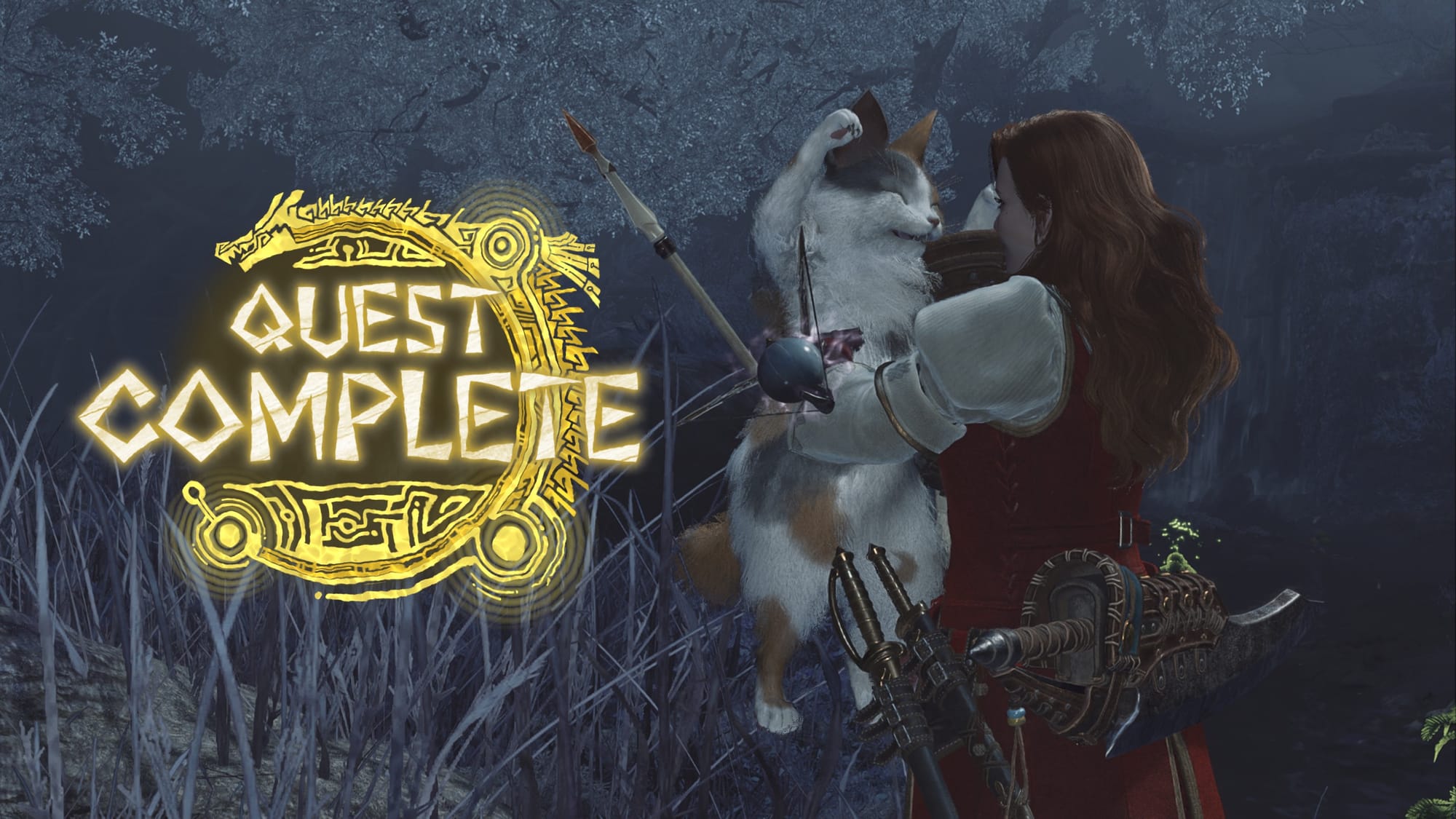 A quest complete screen where the hunter is celebrating with her Palico.