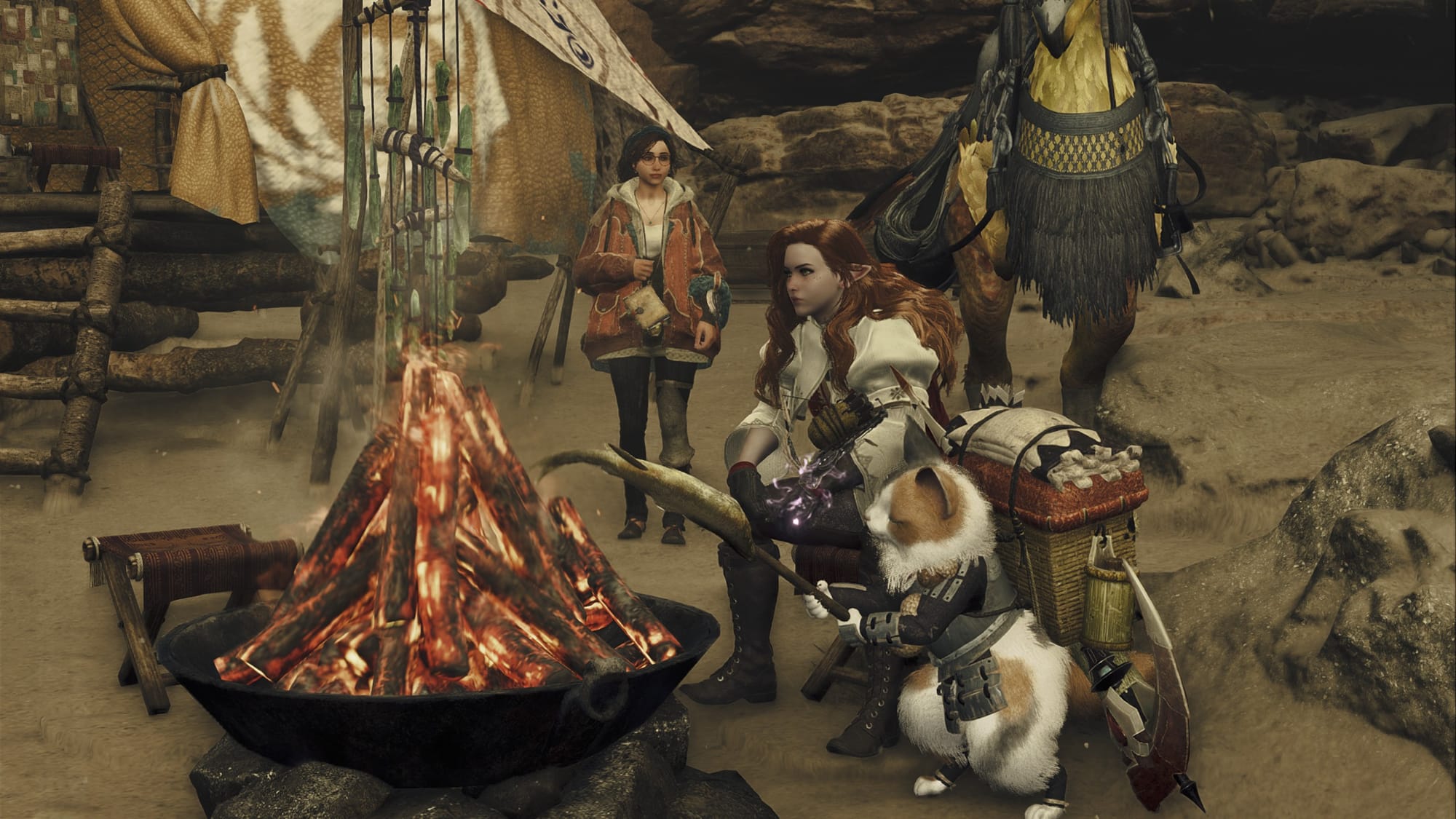 The hunter and a Palico roast a fish by a campfire