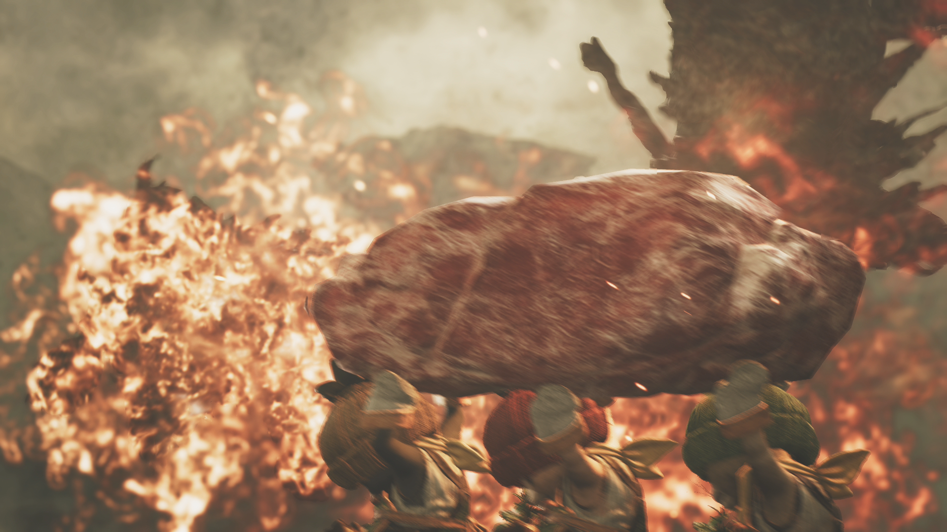 Palicos carrying a slab of meat as it is roasted by a hostile monster.