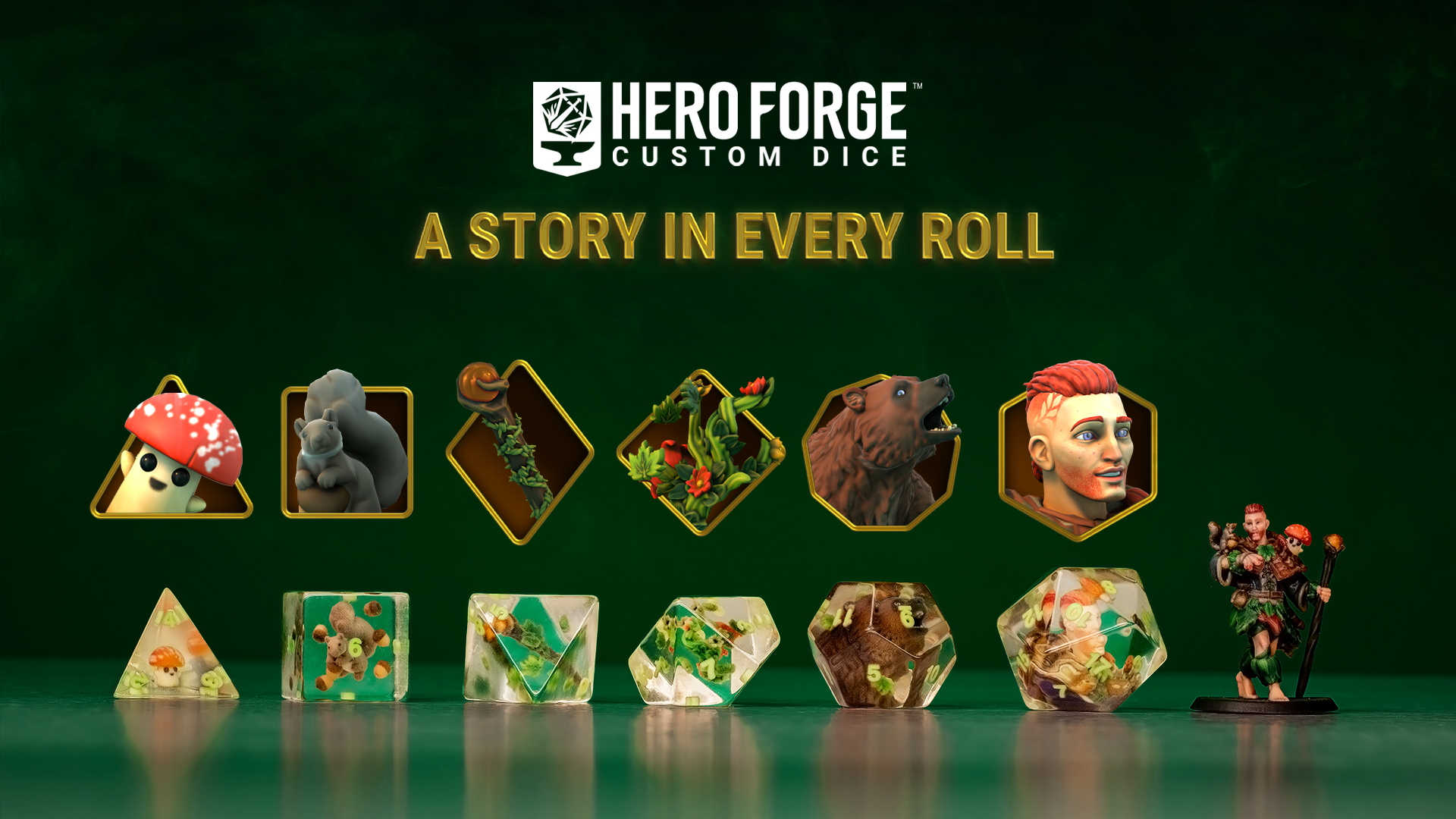 A promotional image for Hero Forge's Custom Dice featuring 3D Printed dice with multiple items and animals in them