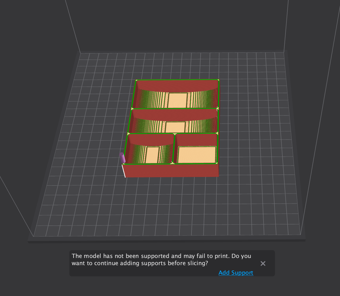 Screenshot of Creality Print showing the print will fail without supports