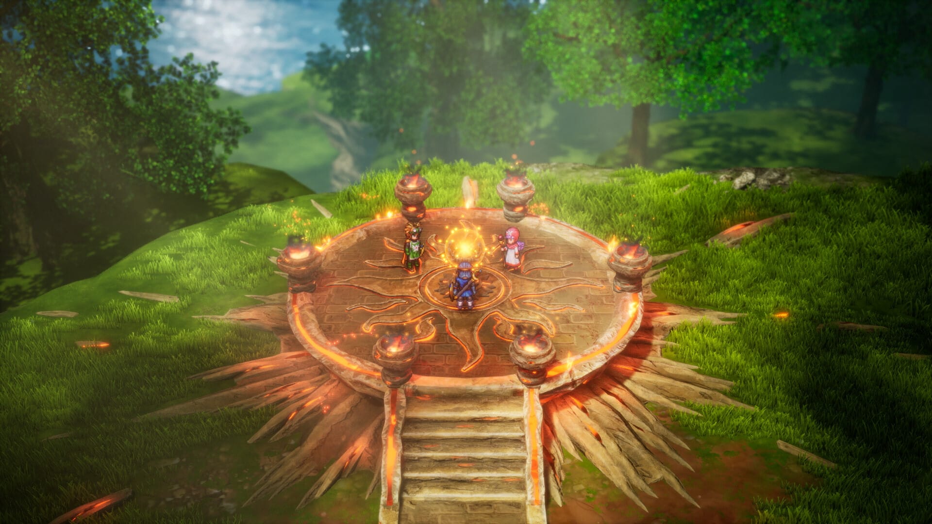The three heroes of DRAGON QUEST II stand on a sun pedestal looking at a glowing object.