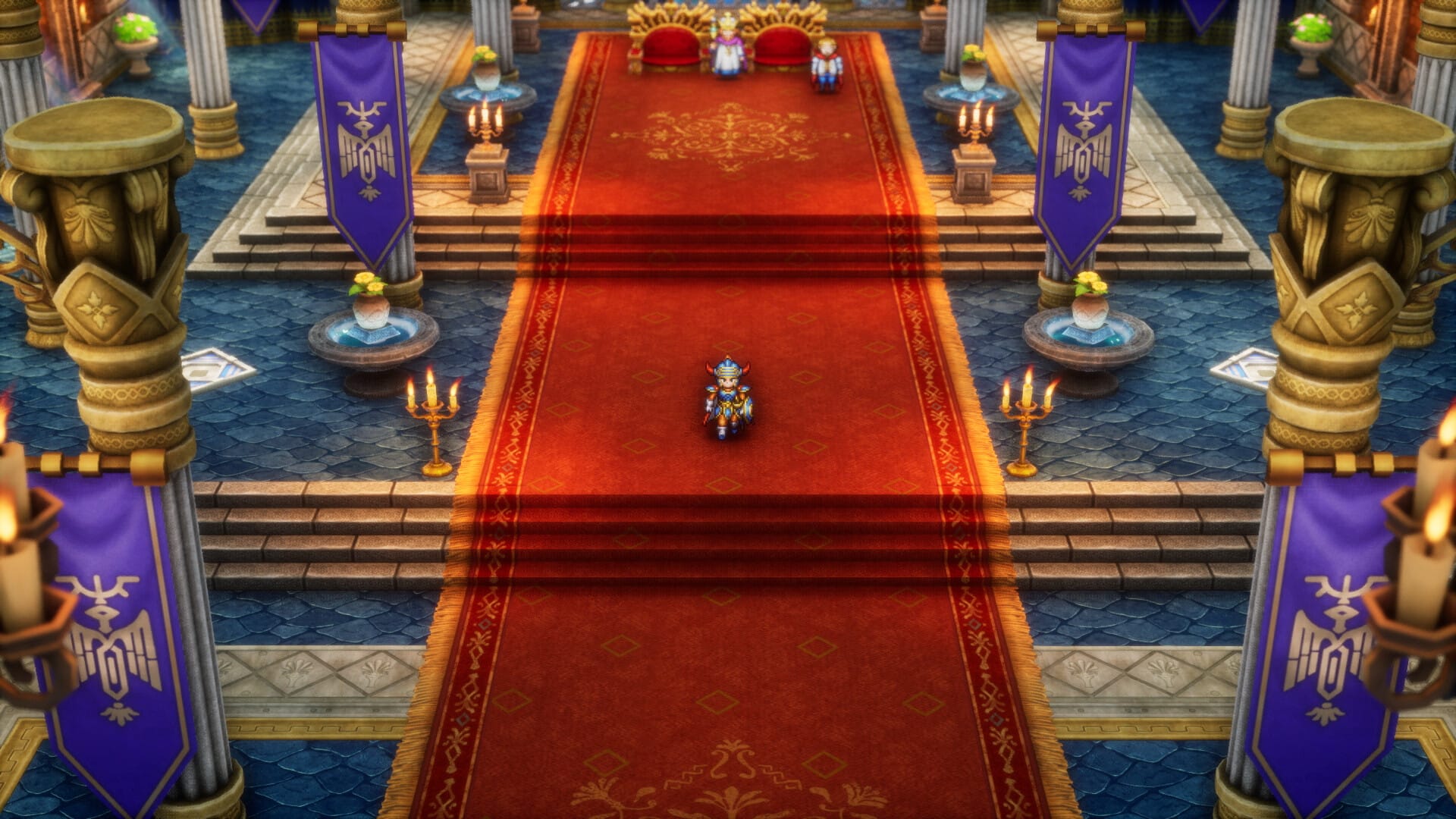 The Hero exits Tantegel castle, walking along a red carpet down some stairs away from the throne.