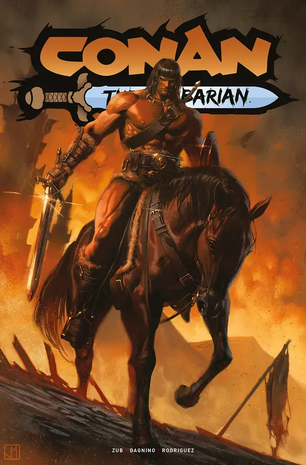 Conan rides across a devastated battlefield, his face grim and his sword drawn, on this variant cover of Conan the Barbarian #26