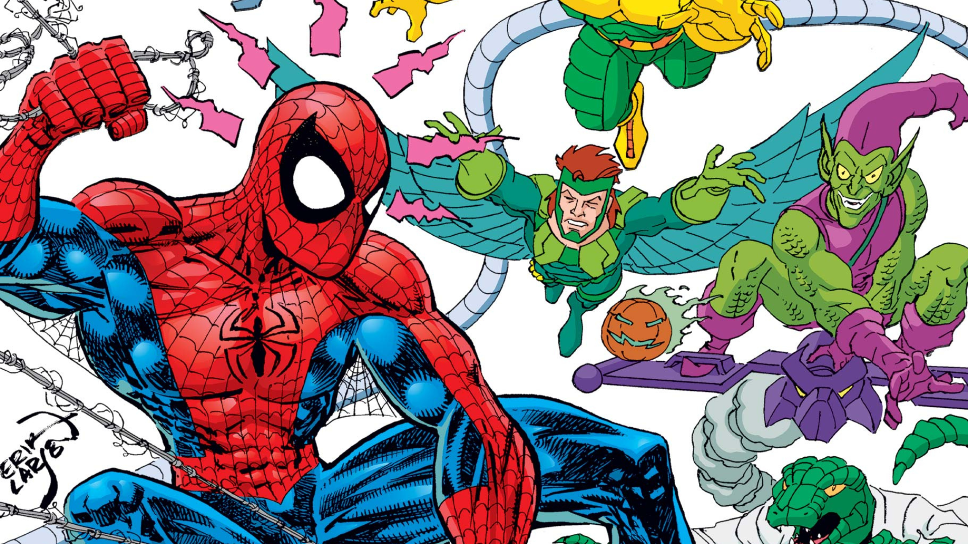 Spider-Man faces off against a horde of familiar villains on this variant cover of Marvel's Spider-Man '94