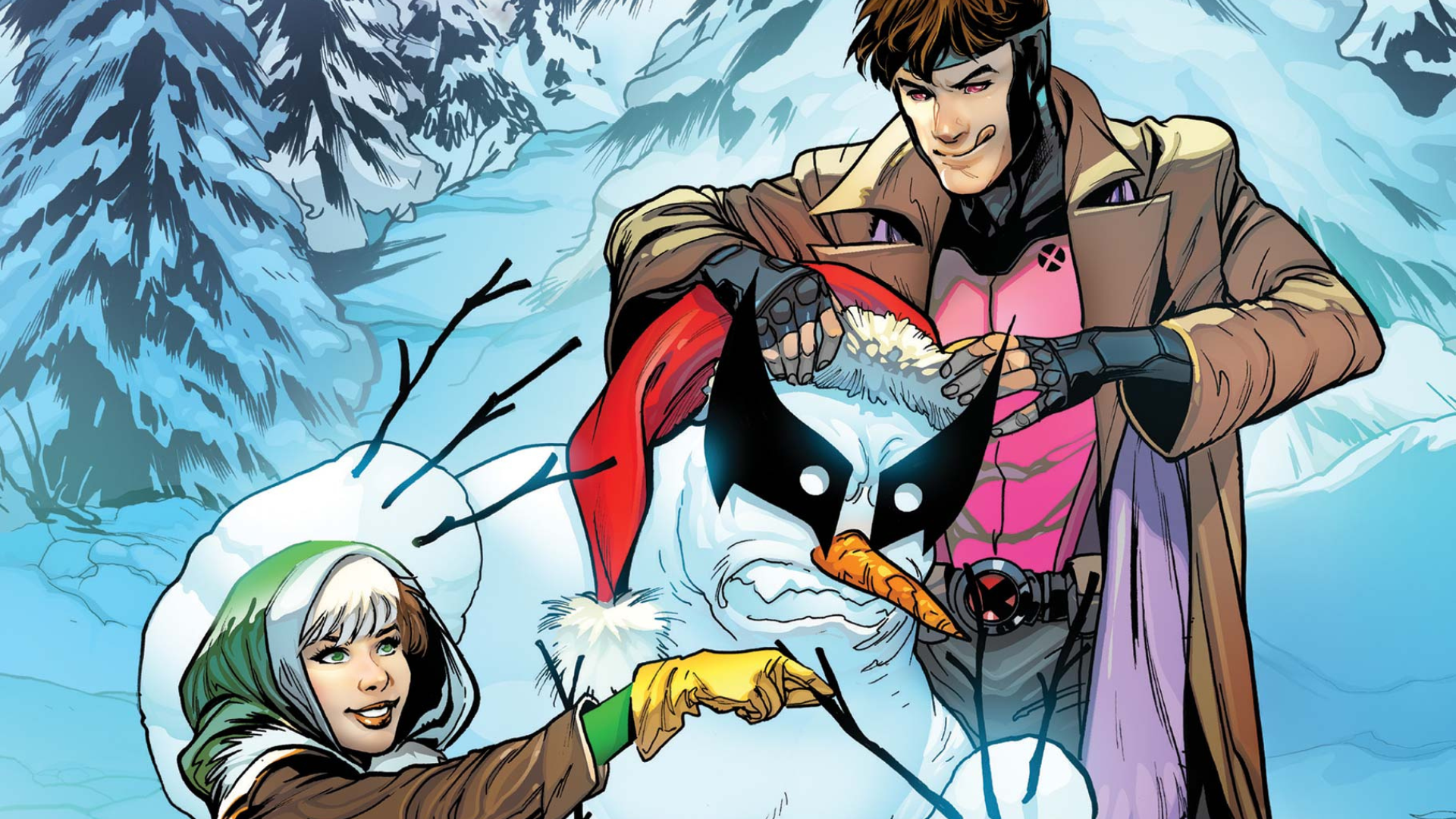 The X-Men's Gambit and Rogue pose alongside a Wolverine snowman on this variant cover of Spider-Man: Holiday Spectacular from Marvel Comics