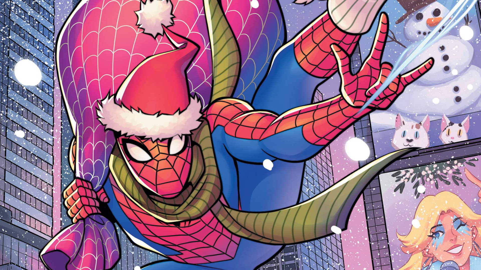 Spider-Man swings through the city as a Santa stand-in on this variant cover of Marvel's Spider-Man: Holiday Spectacular (2025)