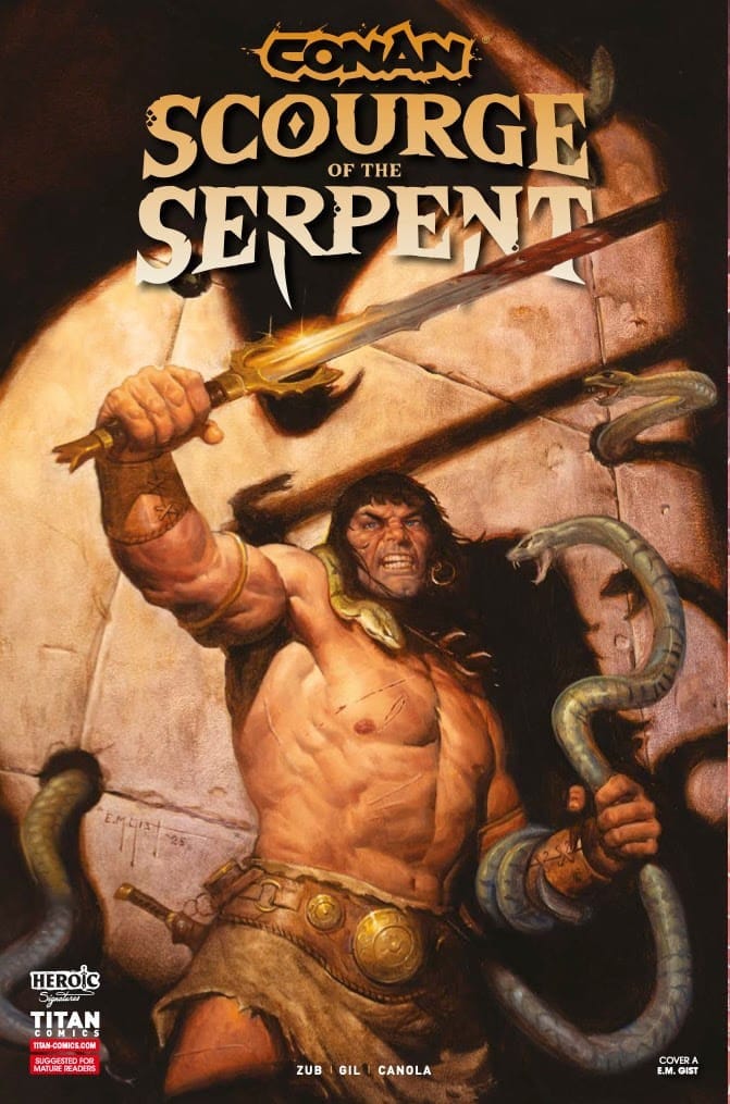 Conan the Barbarian stands with bloody sword ready as snakes entangle him on the cover of Conan: Scourge of the Serpent #2