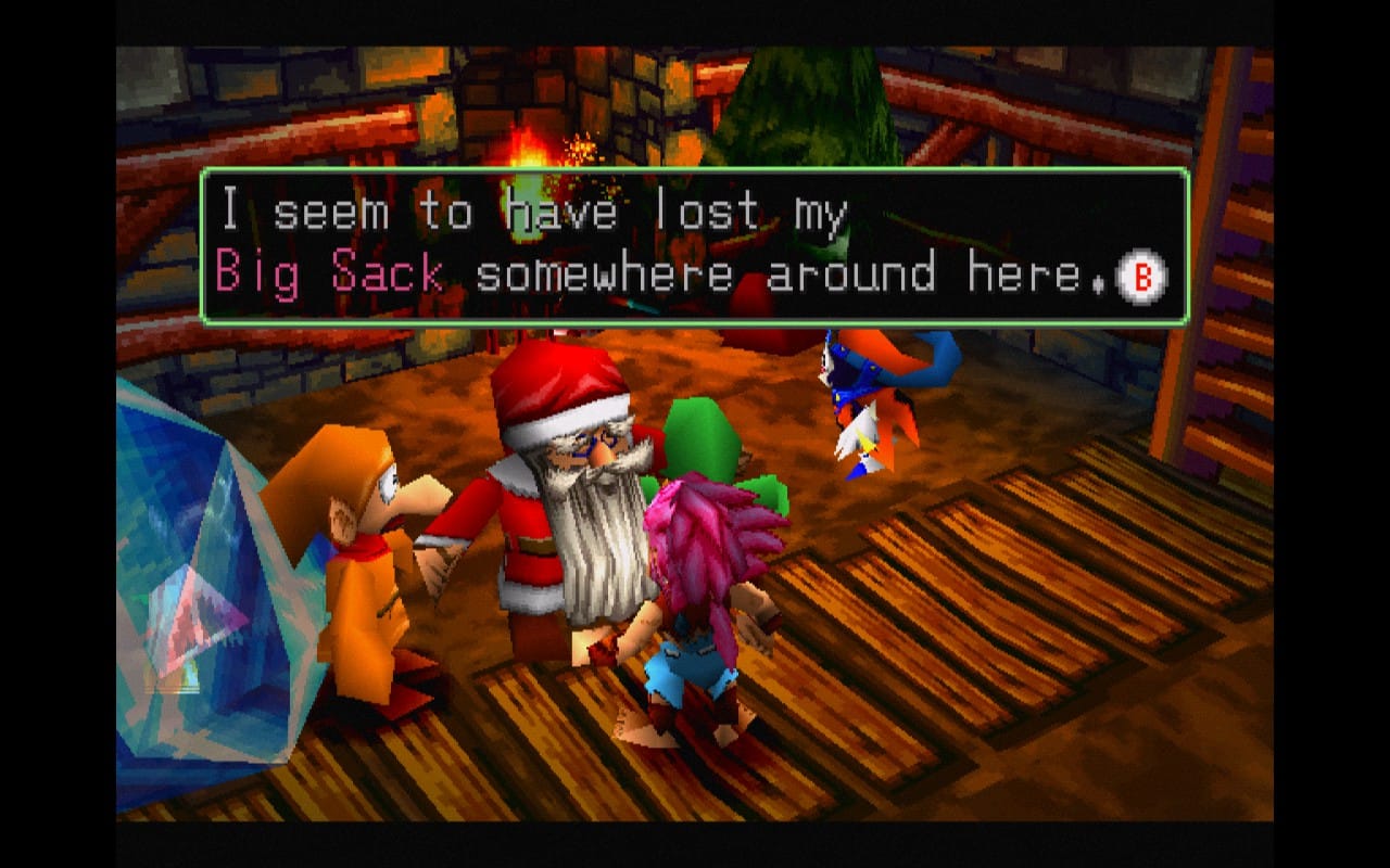 Santa Claus surrounded by Dwarves from the first Tomba game.