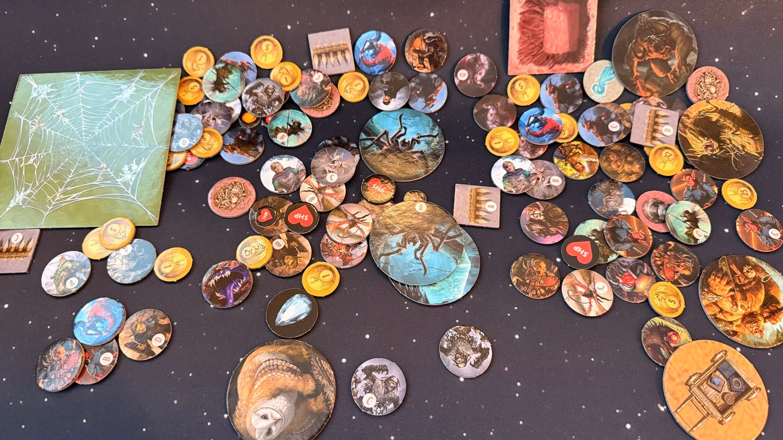 Randomly strewn tokens representing monsters, gold, etc.