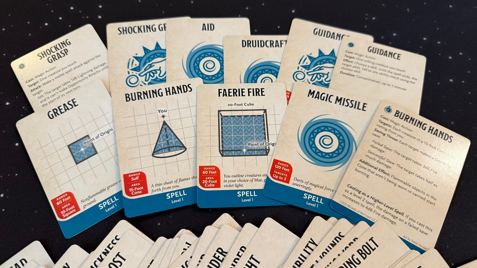 A selection of spell cards displayed front and back.