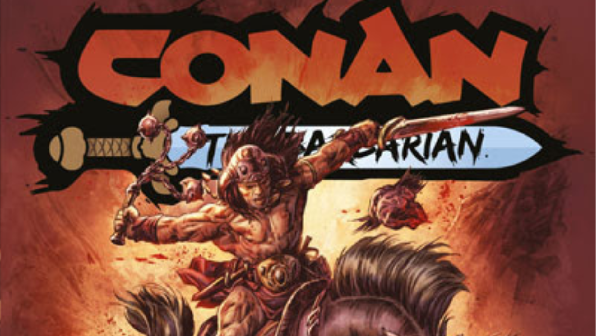 Conan slashes through hordes of enemies from atop his horse on this variant cover for Conan the Barbarian #27
