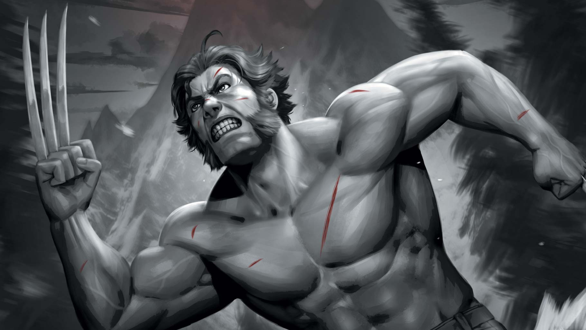 Logan races through a snowy forest, his claws barred as he pursues his prey on this variant cover of Logan: Black, White, & Blood #1