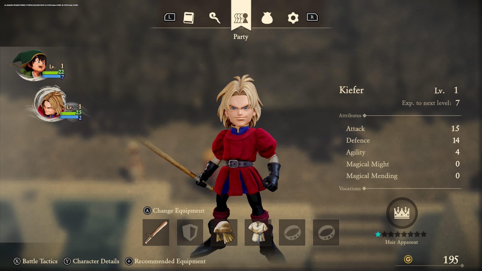 Kiefer's equipment in the Party Menu
