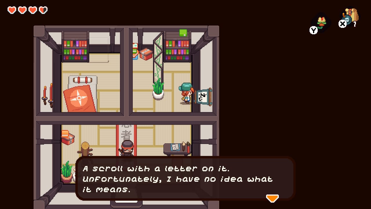 Nia is confused by a wall scroll.