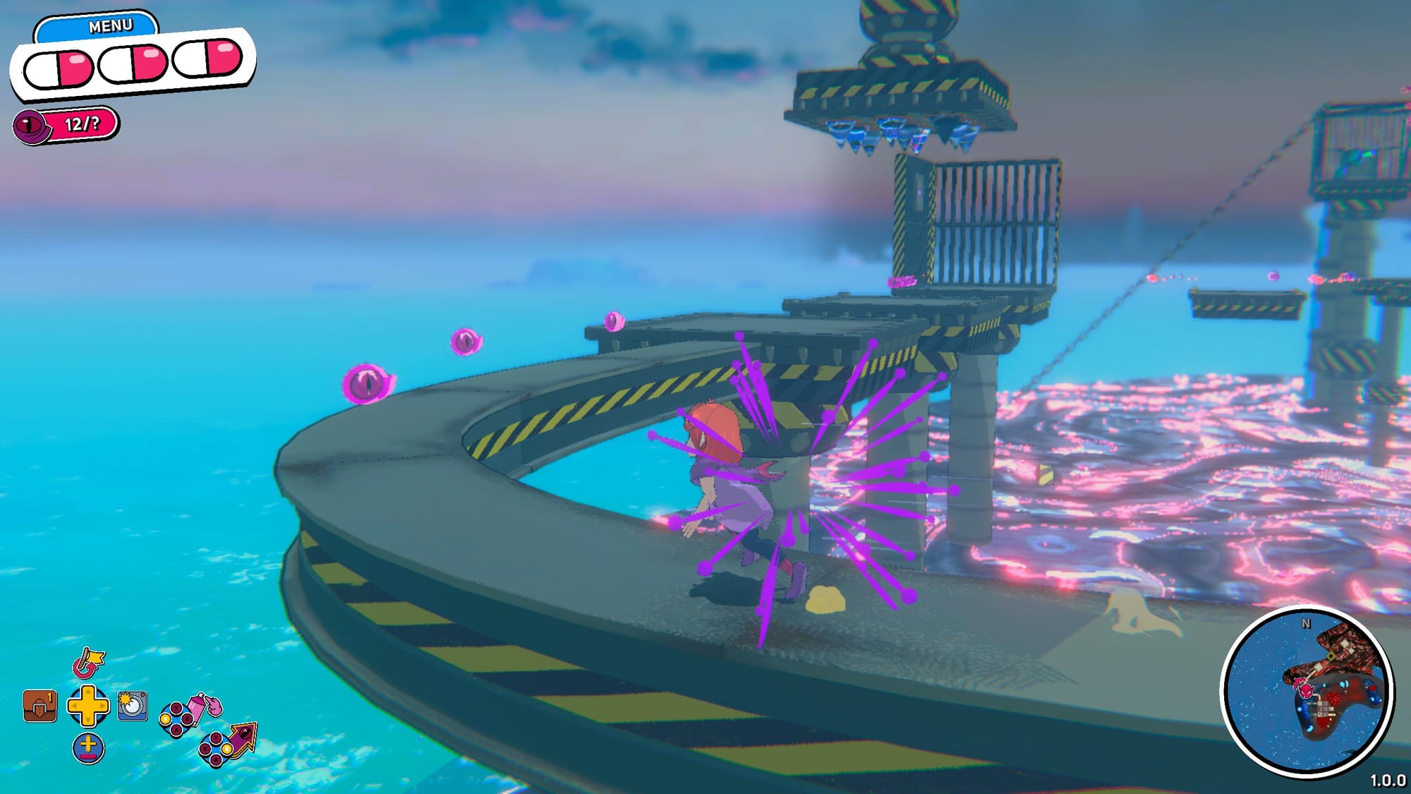 Beebz running around on metal scaffolding.