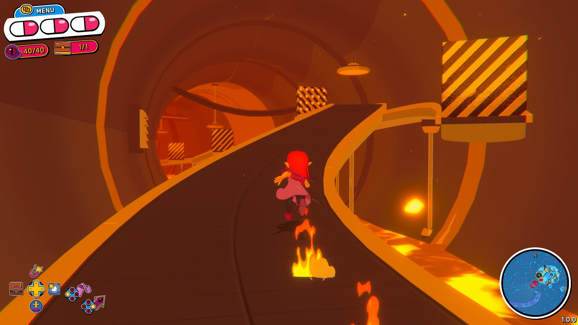 Beebz exploring a firey tunnel.