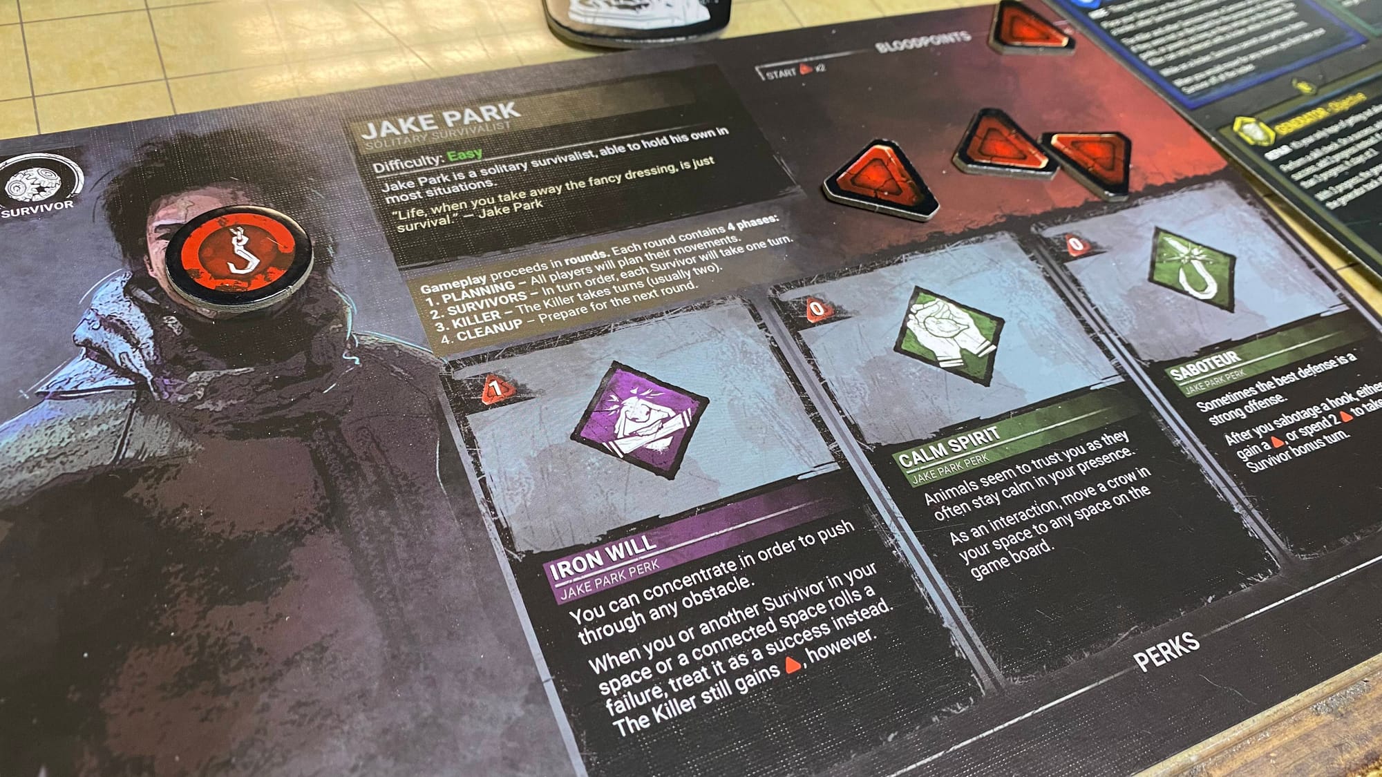 A player board showing the turn reference and this particular Survivor's three Perks, as well as space to store their current bloodpoints