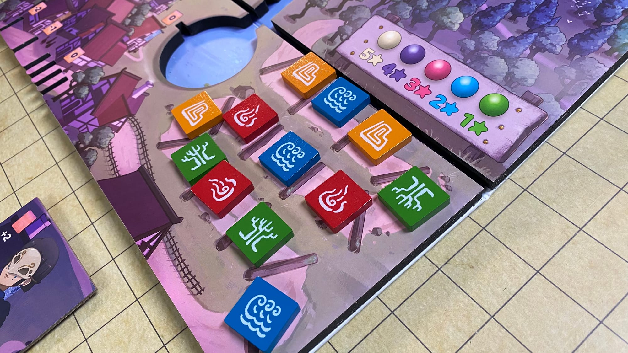 The player track, a dirt path separated by logs, is filled with player tokens