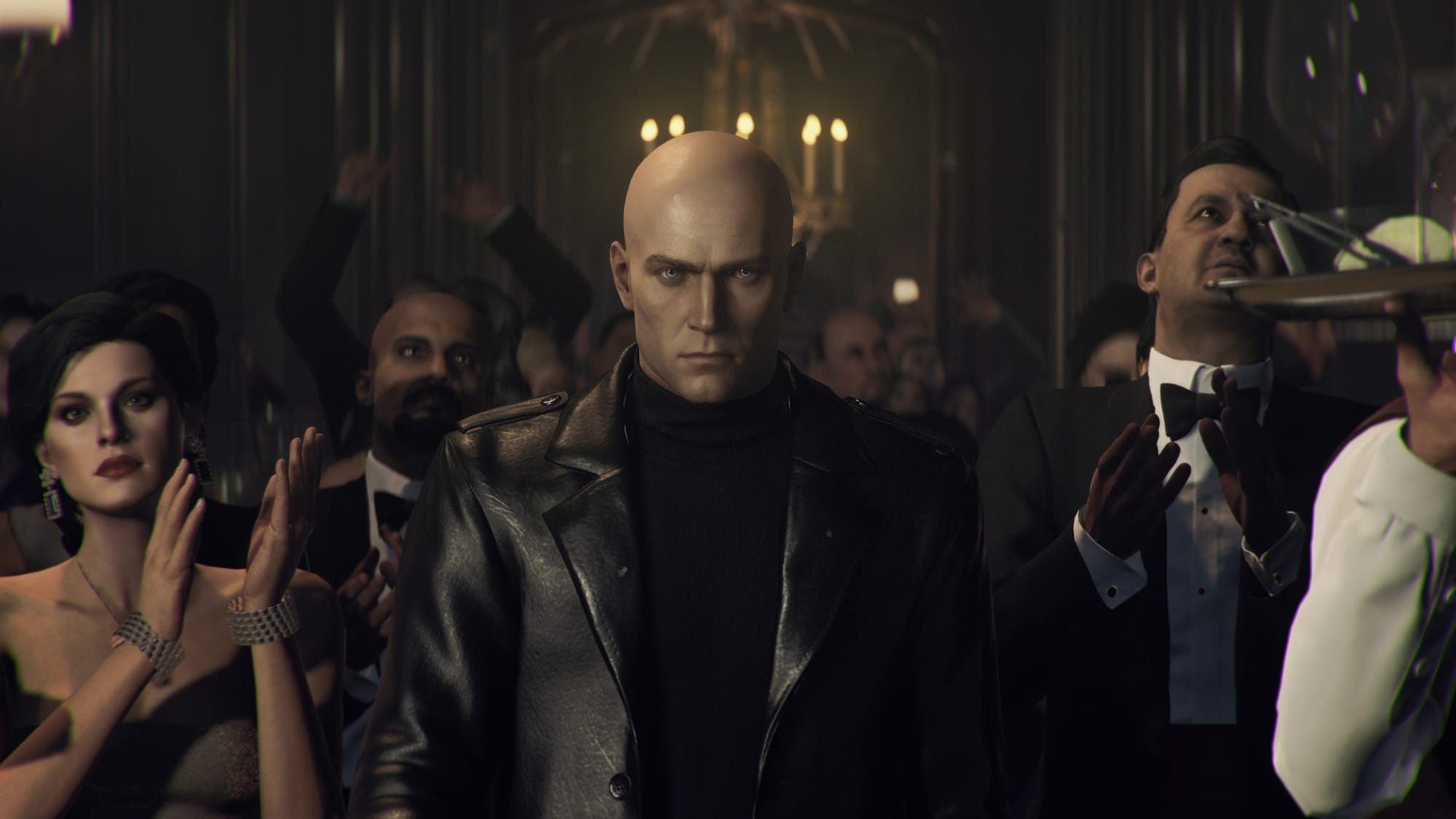 Agent 47 looks at the camera.