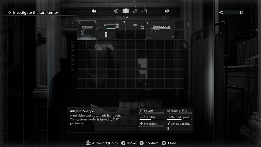 Leons grid invetory which features two firearms and a hatchet as well as the gun stats.