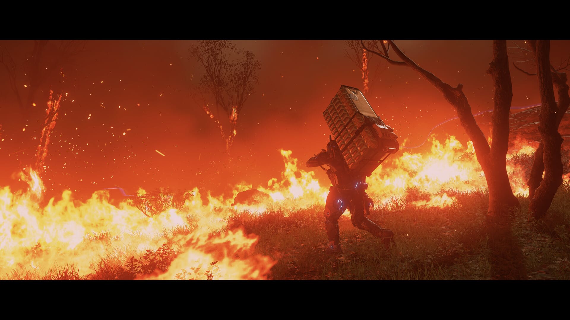 Sam navigates a forest in flames.