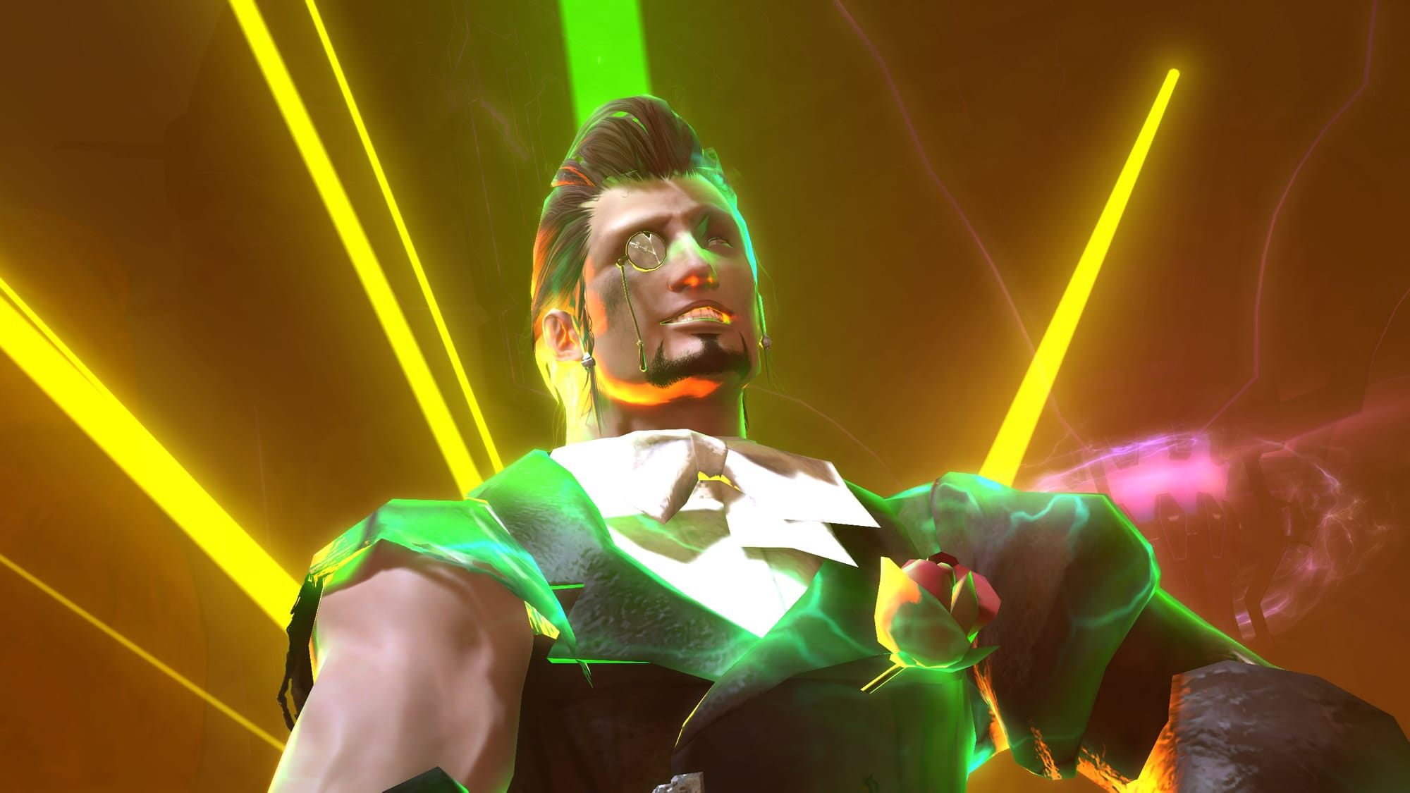 Hildebrand flexing in front of a lightshow, in his disheveled outfit. 