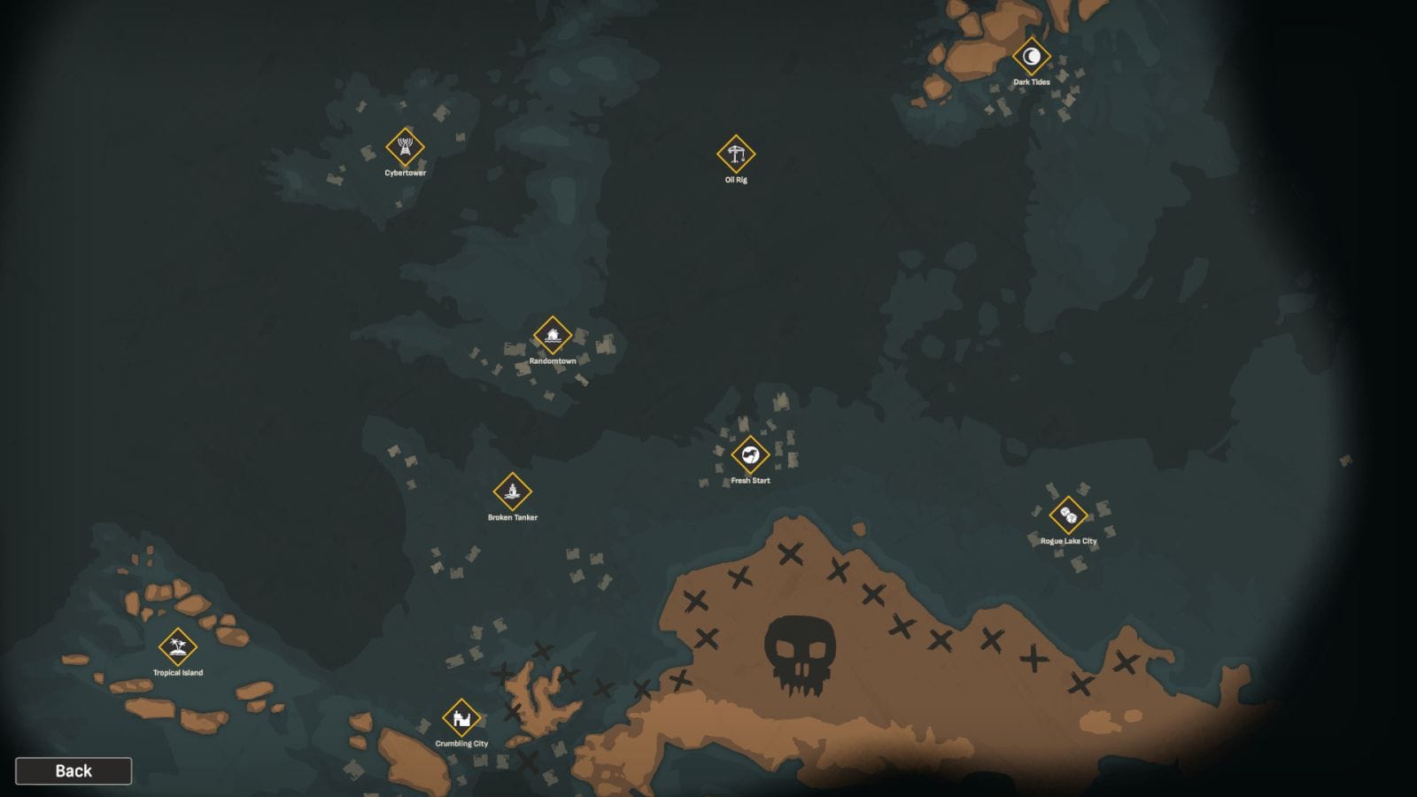 A map showing all of the scenarios you can choose to play.