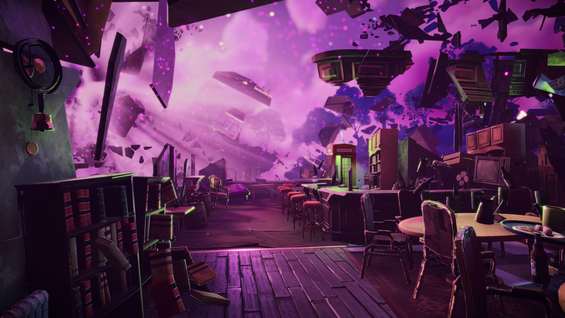 A dream-like landscape of a cafe that's slowly coming apart in a purple void.