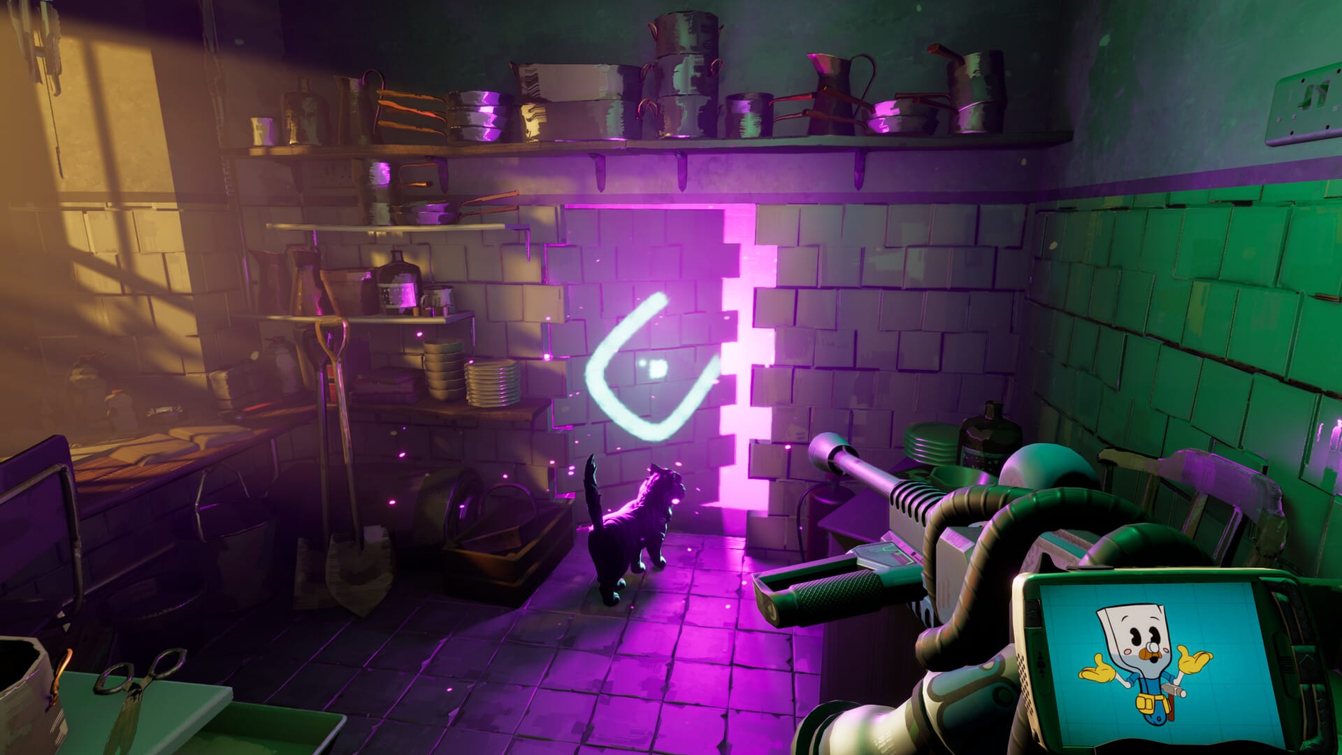 Opening up a mysterious portal in a wall.