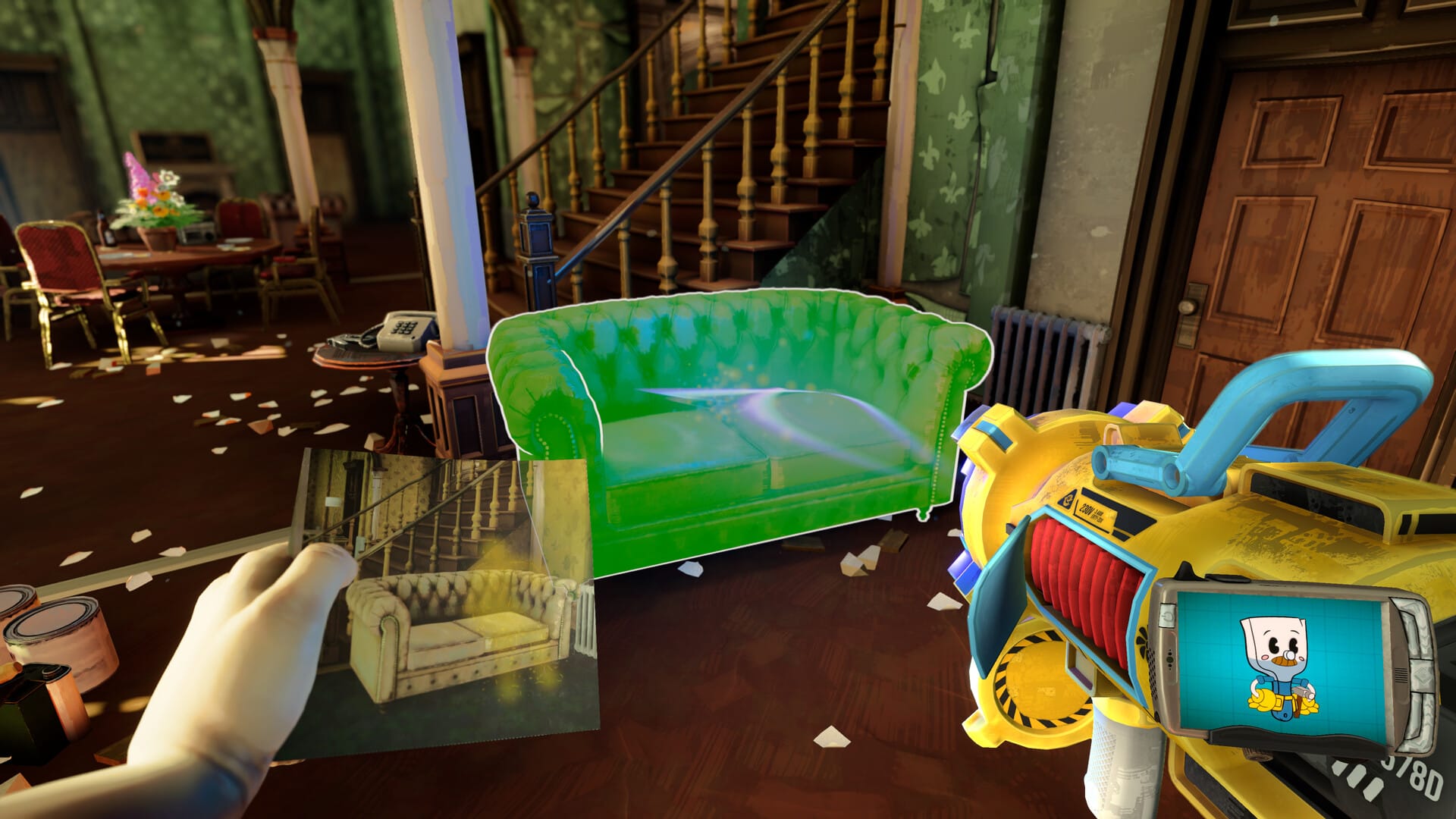 A character sprays a raygun at a couch. 