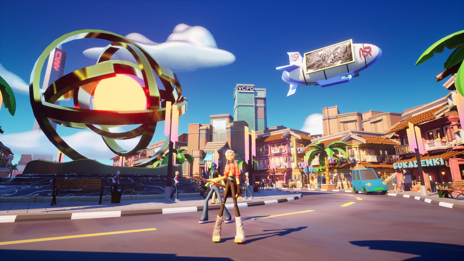 Zuke and Mayday standing in a city street.