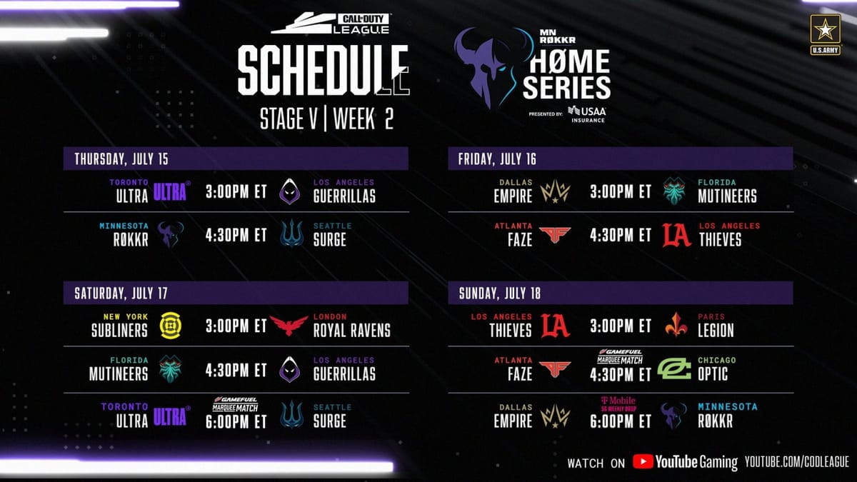 Stage V: Week 2 is coming høme as the Call Of Duty League Minnesota Rokkr Home Series begins today