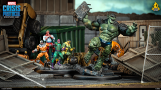 A photo of the fully painted Abomination and Wrecking Crew minis for Marvel Crisis Protocol