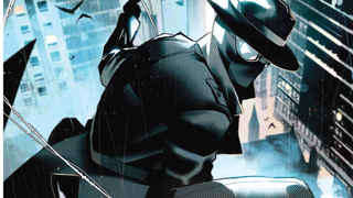 This noir version of Spider-Man crouches in wait atop a tall building on the cover of Spider-Man Noir #1 from Marvel Comics