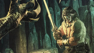 Conan the Barbarian stands with his sword at the ready as he faces off against Set's minions on the cover of Conan: Scourge of the Serpent #3 from Titan Comics