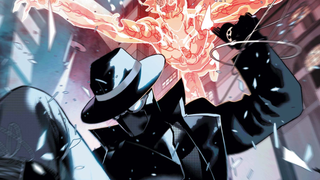 Spider-Man swings through New York with the evil Plasma-Man in hot pursuit on the cover of Marvel's Spider-Man Noir #3