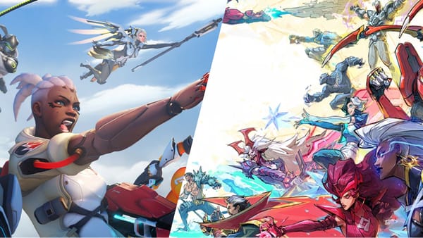 Overwatch and Marvel Rivals title images put together to look like they are battling each other.