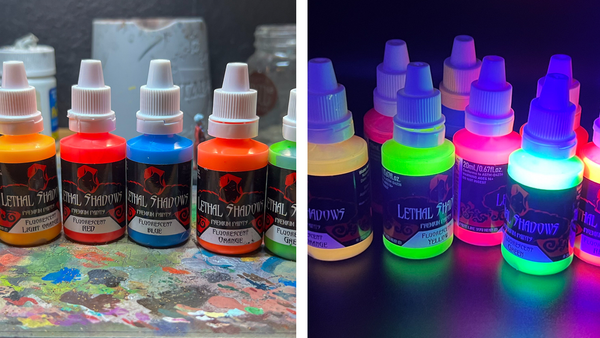 A photo of lethal shadows paints and how they glow in UV