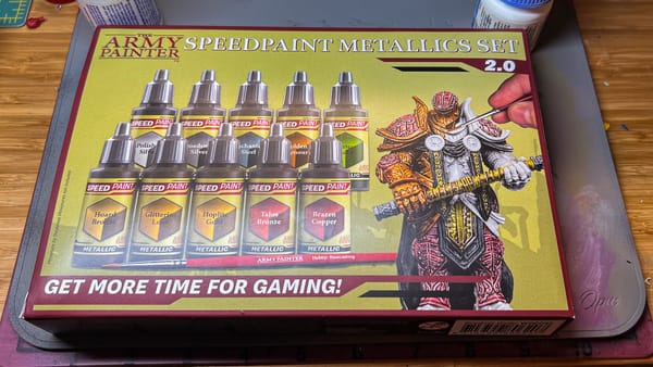 The box of Army Painter Metallic Speedpaints on a tabletop