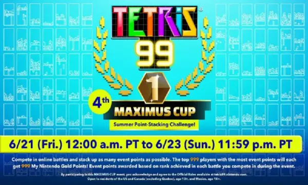 99 red S-blocks go by with Tetris 99’s fourth Tetris Maximus Cup this weekend