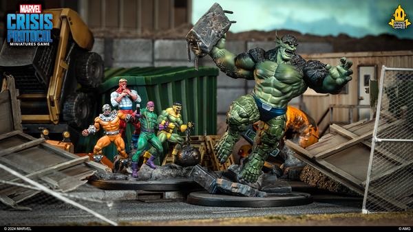 A photo of the fully painted Abomination and Wrecking Crew minis for Marvel Crisis Protocol