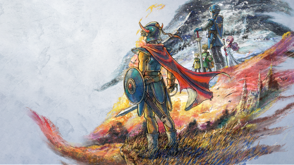 Key art for DRAGON QUEST I & II HD-2D REMAKE depecting DRAGON QUEST I's Hero and DRAGON QUEST's party.