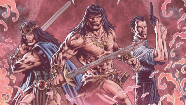 King Kull, Conan, and John Kirowan stand ready to face the forces of Set in Conan: Scourge of the Serpent #2