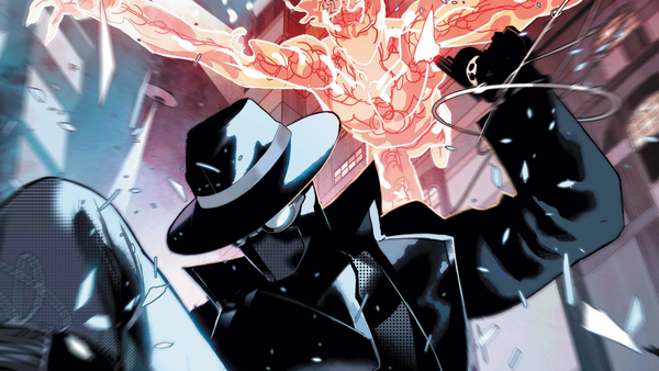 Spider-Man swings through New York with the evil Plasma-Man in hot pursuit on the cover of Marvel's Spider-Man Noir #3