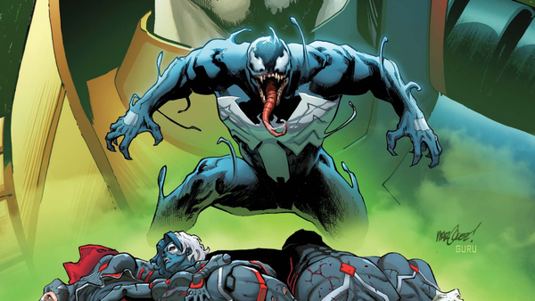 Venom stands over the bodies of the members of the Six as Revelation and Mr. Sinister fill the background on the cover of Sinister's Six #3 from Marvel Comics