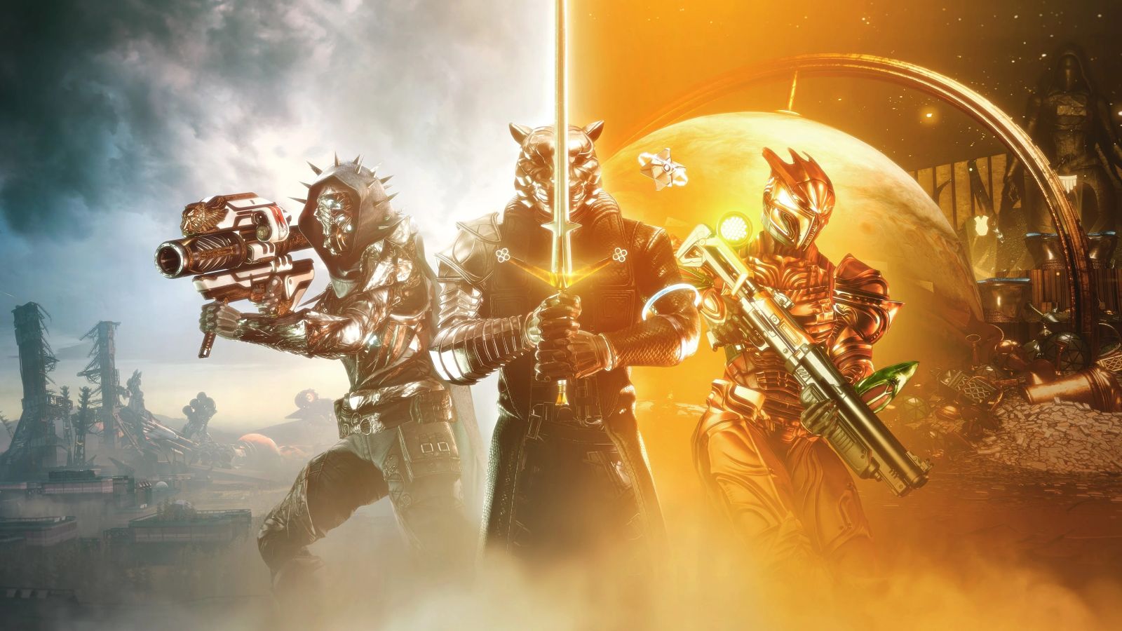Bungie 30th Anniversary Wallpaper featuriung three guardians with old and new weapons