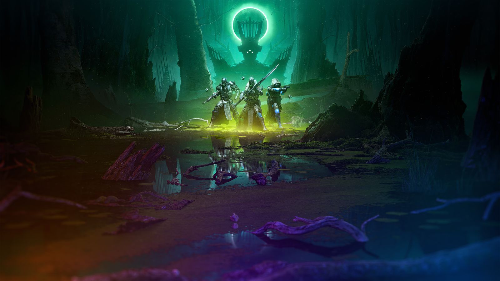 Witch Queen Key art featuring fireteam of three and Savthun looming over in the distance