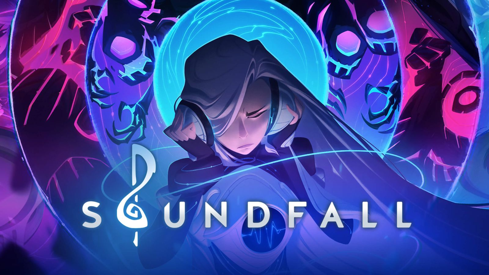 Soundfall banner image featuring main character listening to music on headphones while monsters lurk all around her.
